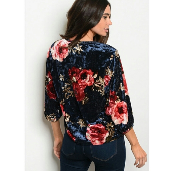 Ginger G Crushed Velvet Navy Floral Cropped Blouse Top - Picture 3 of 6